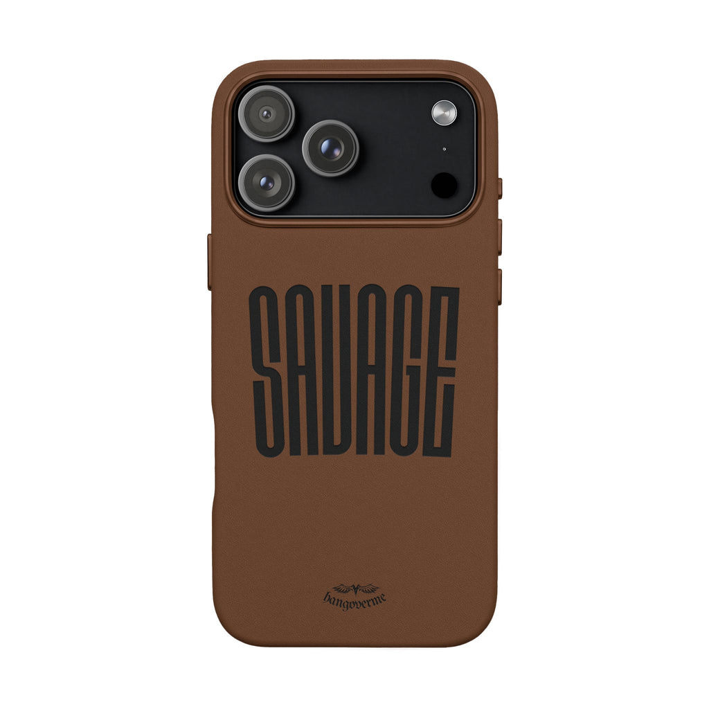 Engraved PU Leather Phone Case — 'SAVAGE' Brown Protective Cover