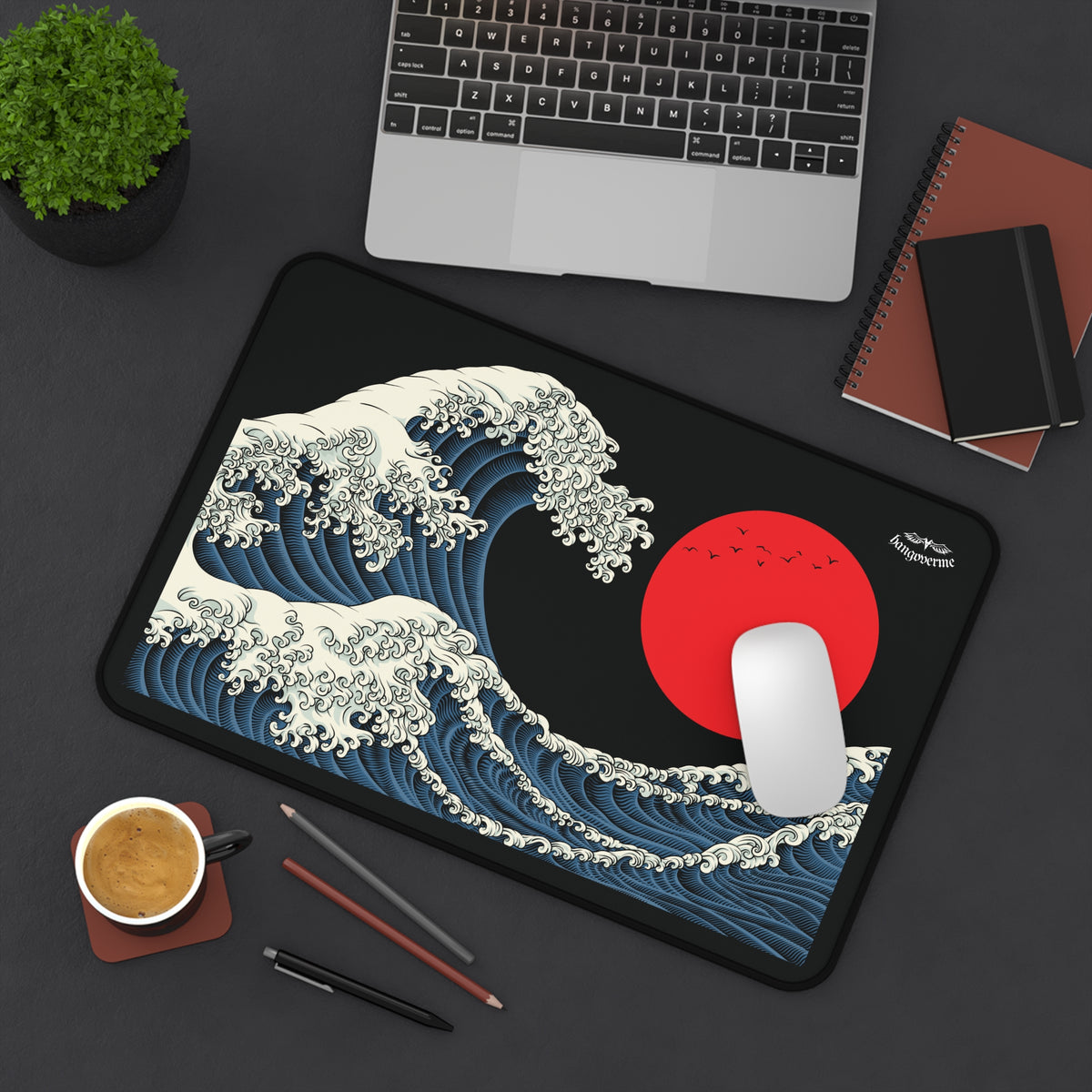 Wave & Red Sun Desk Mat — Motivational Japanese Wave Desk Mat