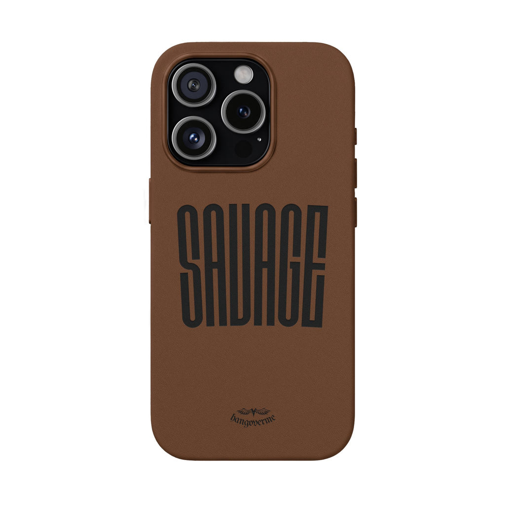 Engraved PU Leather Phone Case — 'SAVAGE' Brown Protective Cover