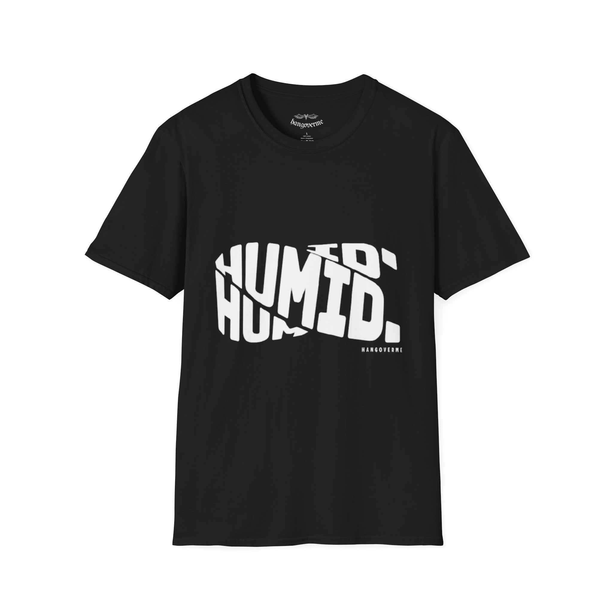 Humid. Black Graphic T-Shirt — Bold Distressed Typography Tee