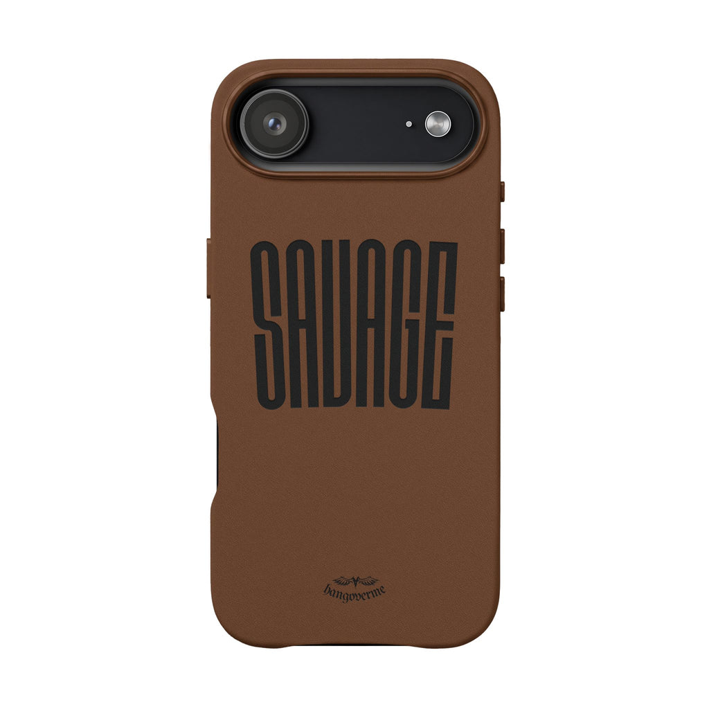 Engraved PU Leather Phone Case — 'SAVAGE' Brown Protective Cover
