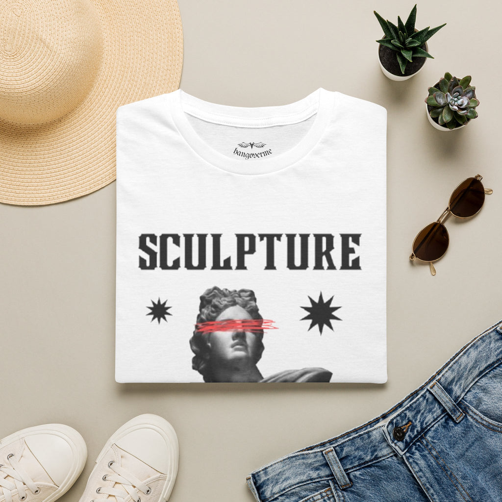 Sculpture Graphic Tee — Retro Statue Design with Red Eye Bar
