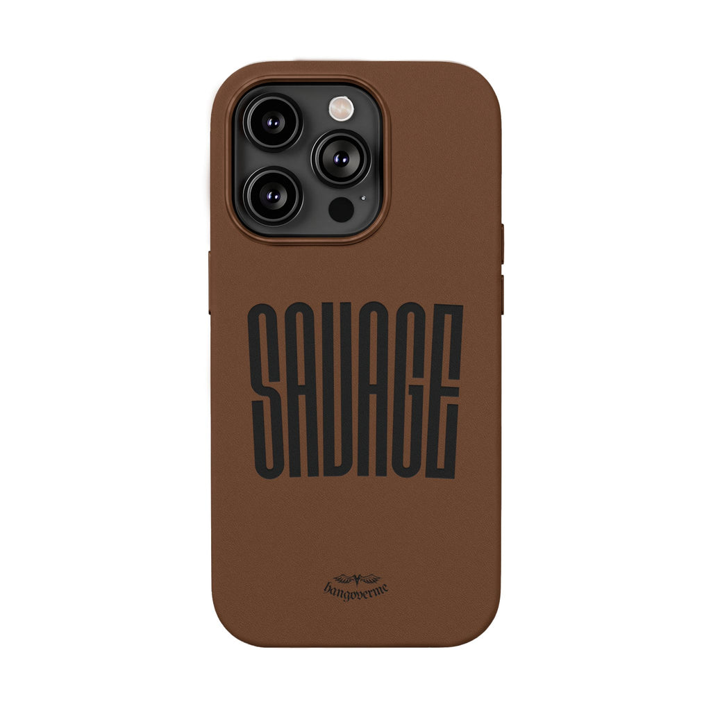 Engraved PU Leather Phone Case — 'SAVAGE' Brown Protective Cover