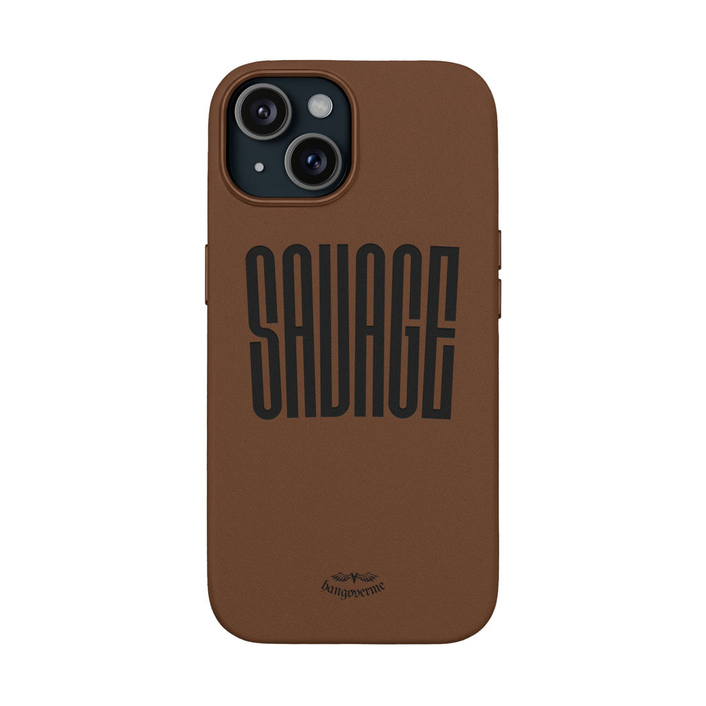 Engraved PU Leather Phone Case — 'SAVAGE' Brown Protective Cover